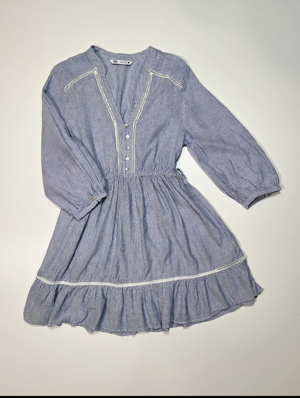 ZARA Women's Blue White Striped Linen Blend Shirt Dress Size Small Long Sleeve